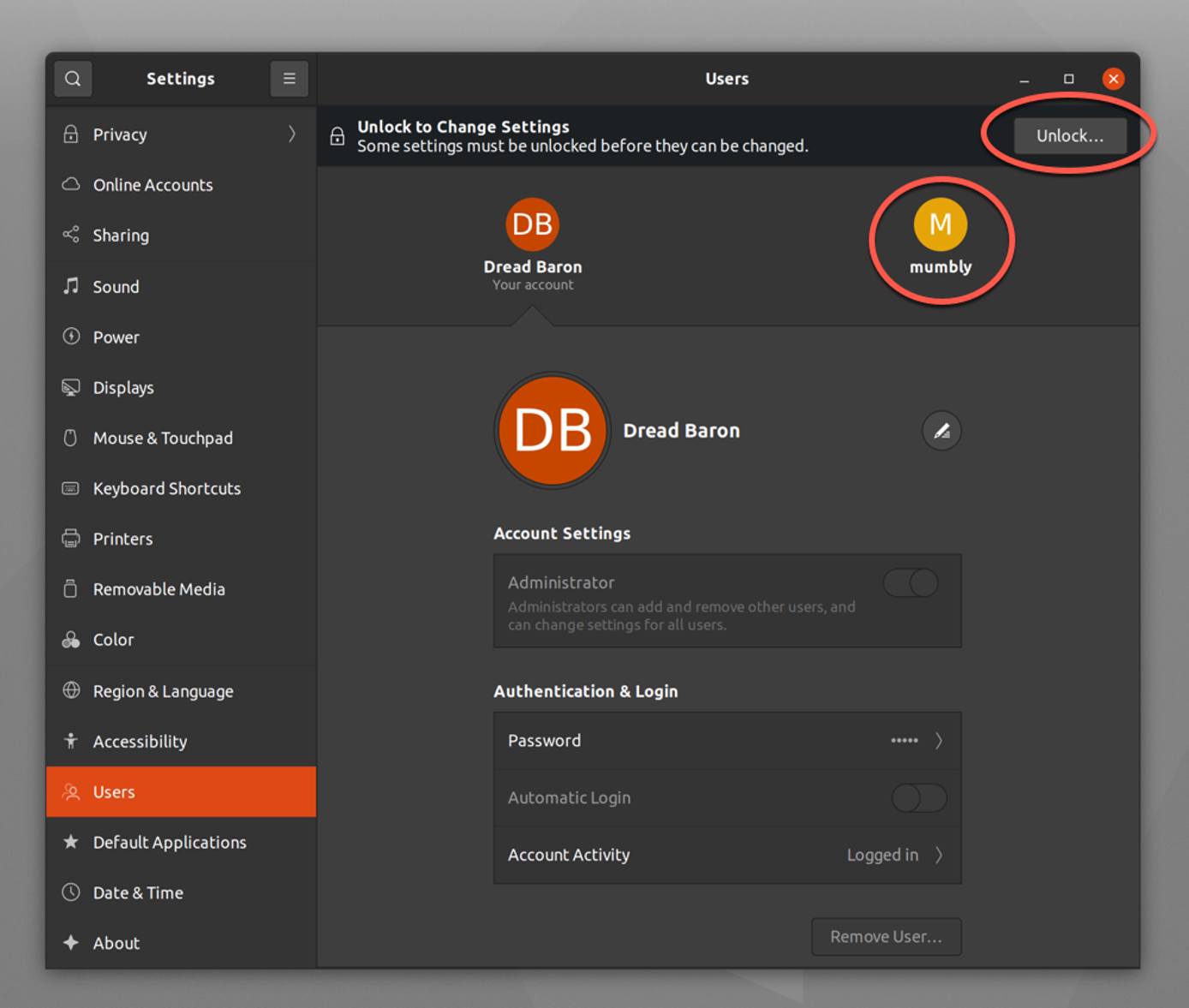 Click user and unlock to edit in Ubuntu Click user and unlock to edit in Ubuntu