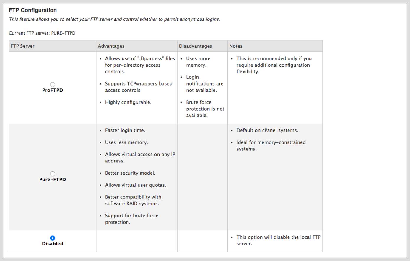 cPanel FTP server selection. cPanel FTP server selection.