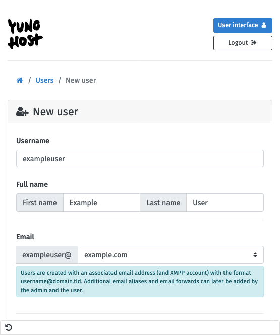 Creating a user from the YunoHost administrator interface Creating a user from the YunoHost administrator interface