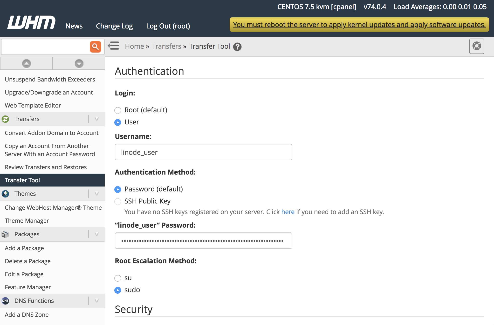 WHM Transfer Tool - Authentication form. WHM Transfer Tool Authentication Form