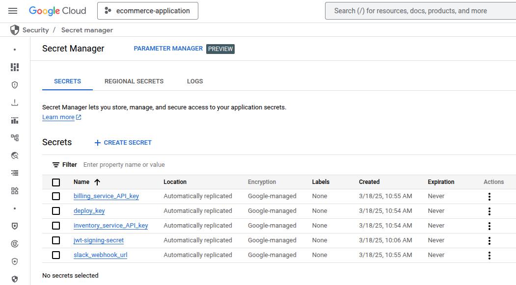 GCP Secret Manager UI showing list of stored secrets.