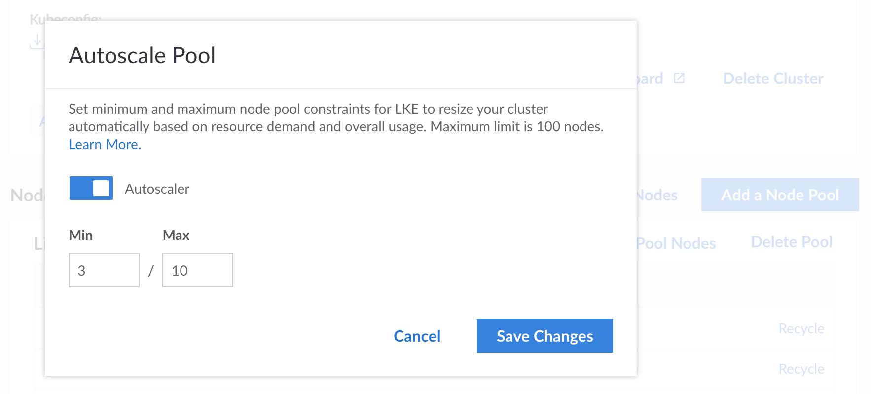 Screenshot of the Autoscale Pool menu in Cloud Manager Screenshot of the Autoscale Pool menu in Cloud Manager
