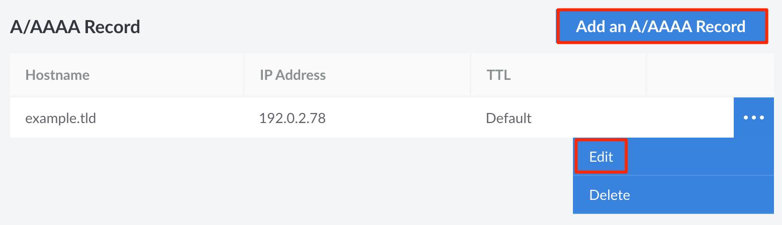 Screenshot of the A/AAAA section on the DNS Records page for a domain Screenshot of the A/AAAA section on the DNS Records page for a domain